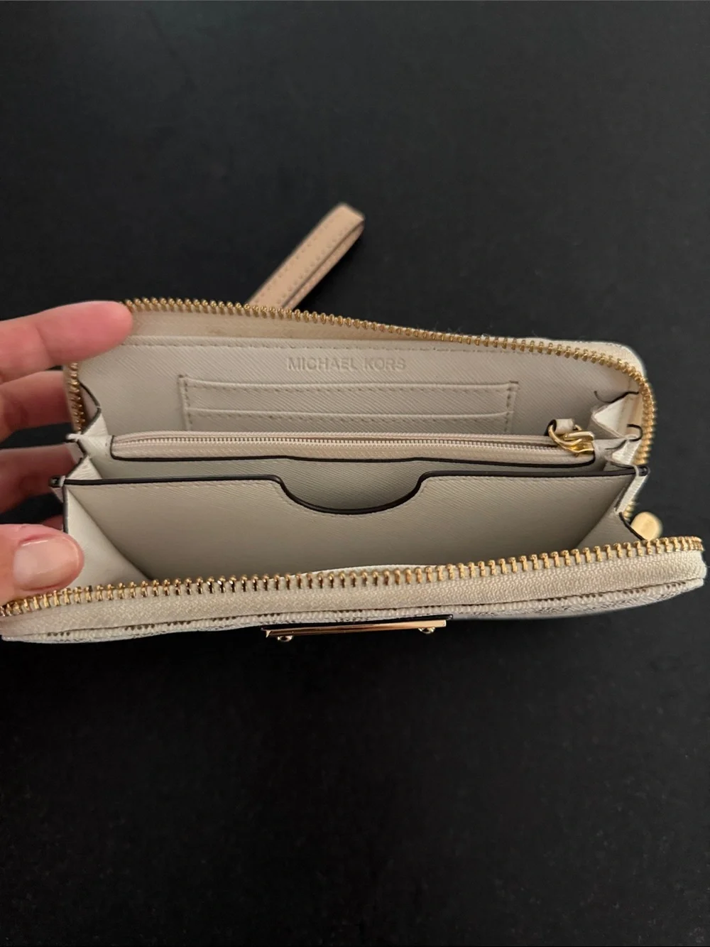 Michael Kors Beige Monogram Zip Wristlet with Gold Plaque